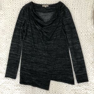 Joan Vass black white gray heathered long sleeve draped front sweater knit top M